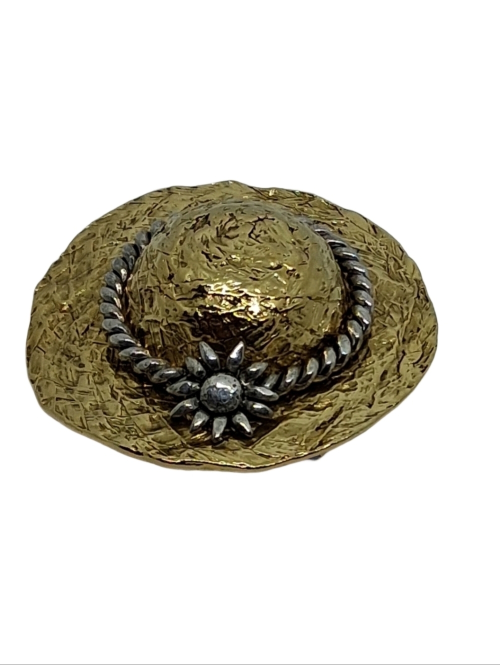 Premier Designs Vintage Straw Hat Brooch Gold Tone Silver Rope Sun Hat Pin